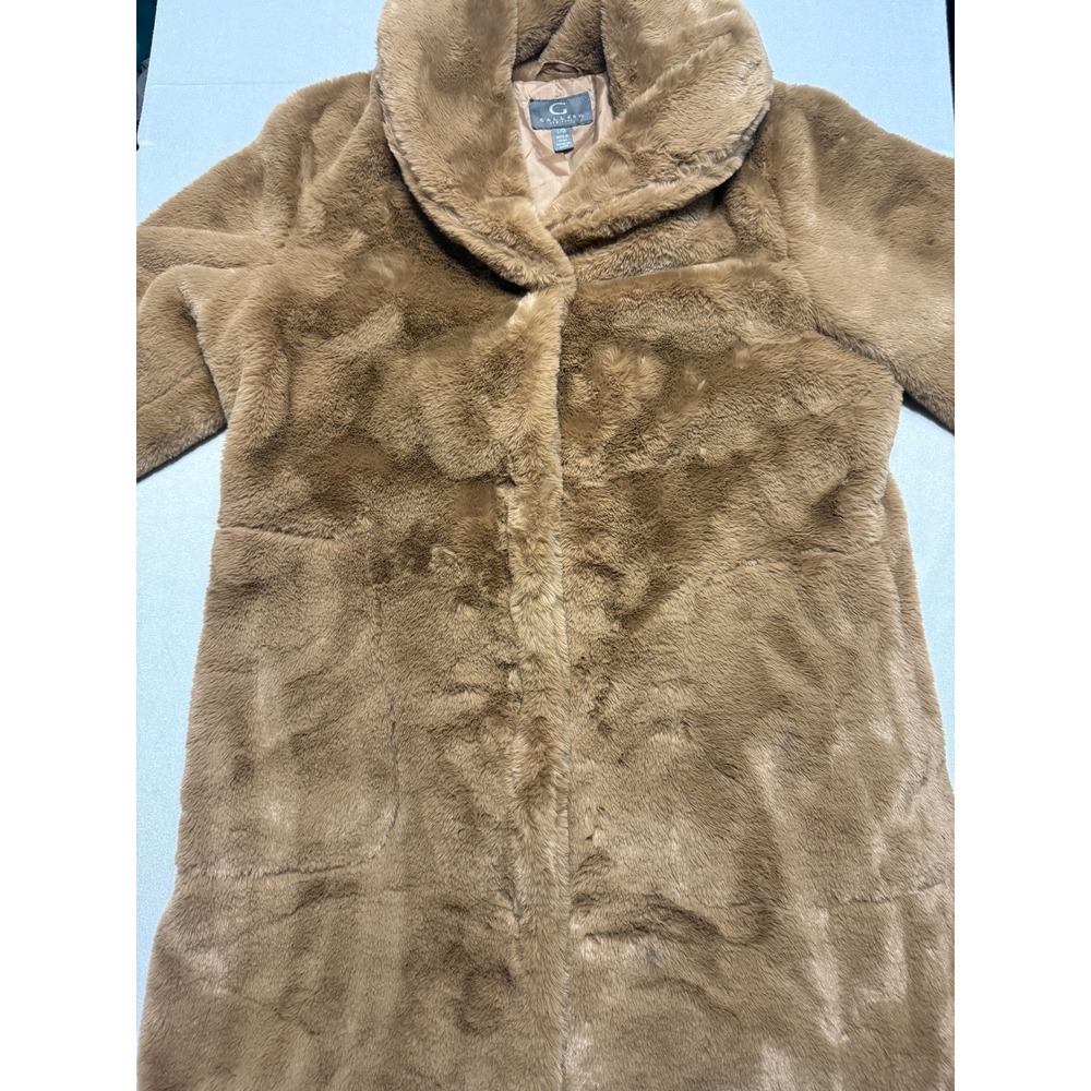 Gallery New York Faux Fur Coat Womens Large Cognac Brown Shawl Collar Jacket